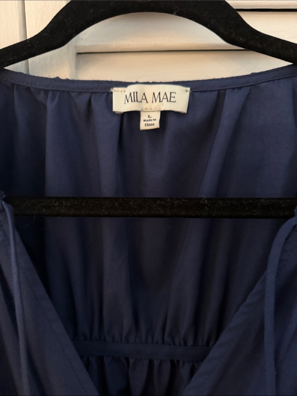 Mila Mae Navy V-Neck tie Gathered Waist Midi Dress size large - Picture 4 of 7